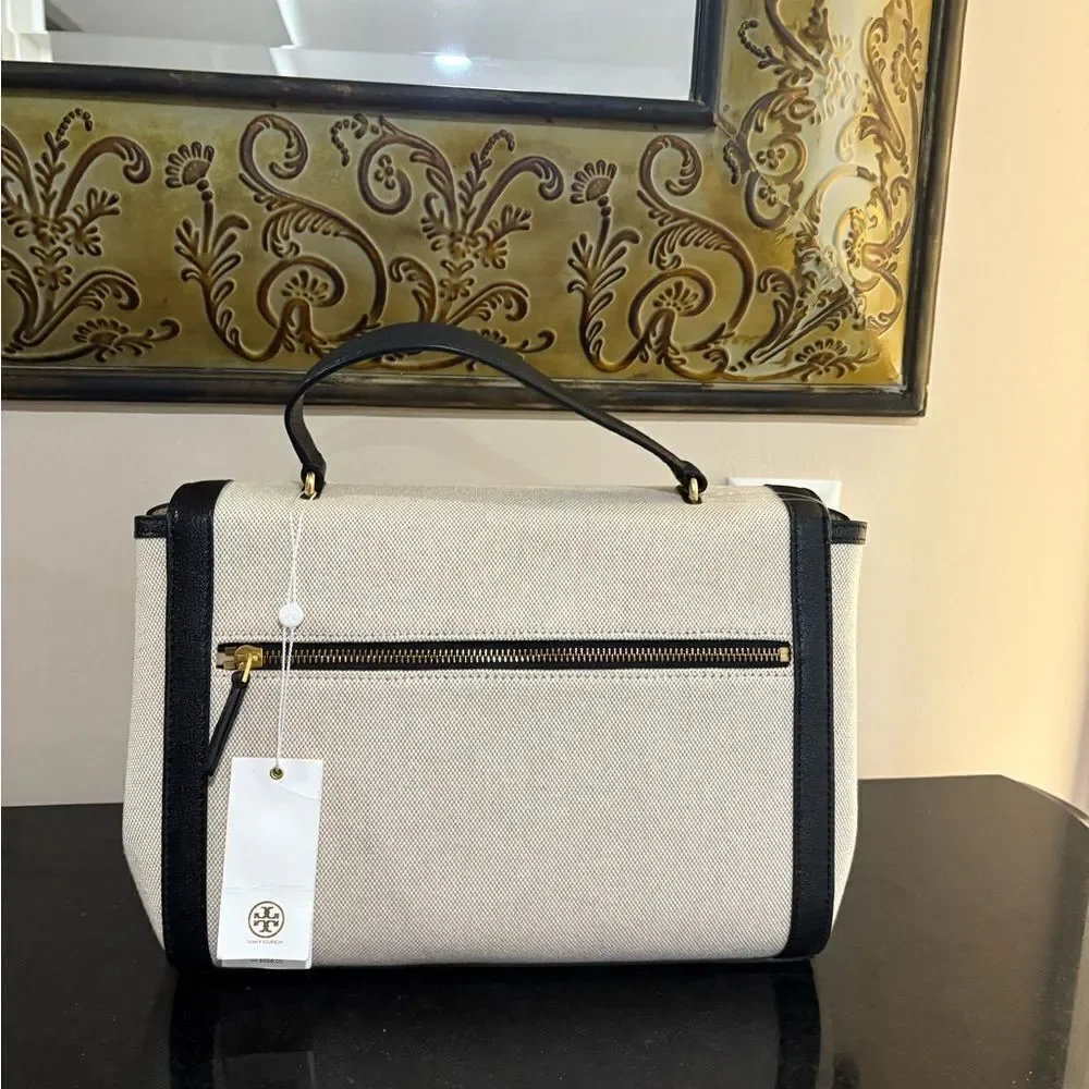 Tory Burch Black and Cream Satchel with Structured Design
